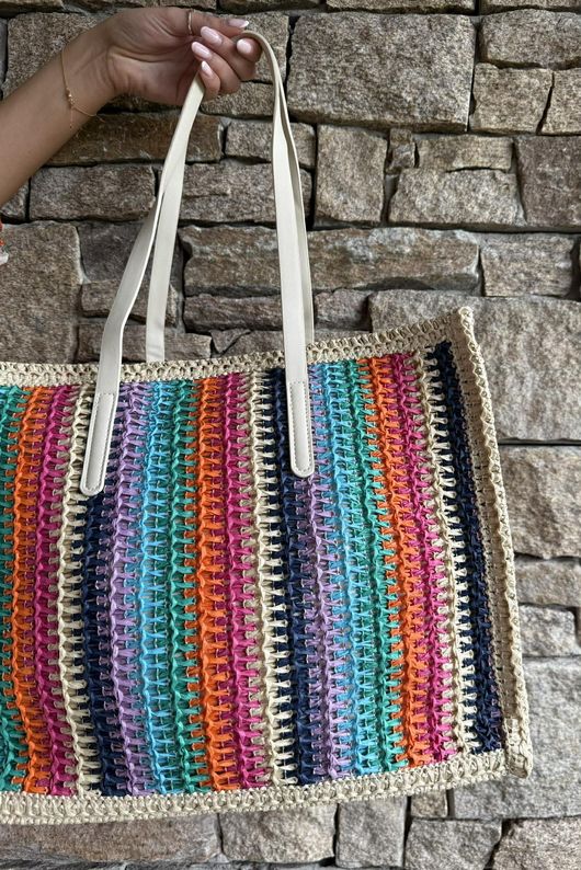 Kondi Rainbow Raffia Tote Bag Stone